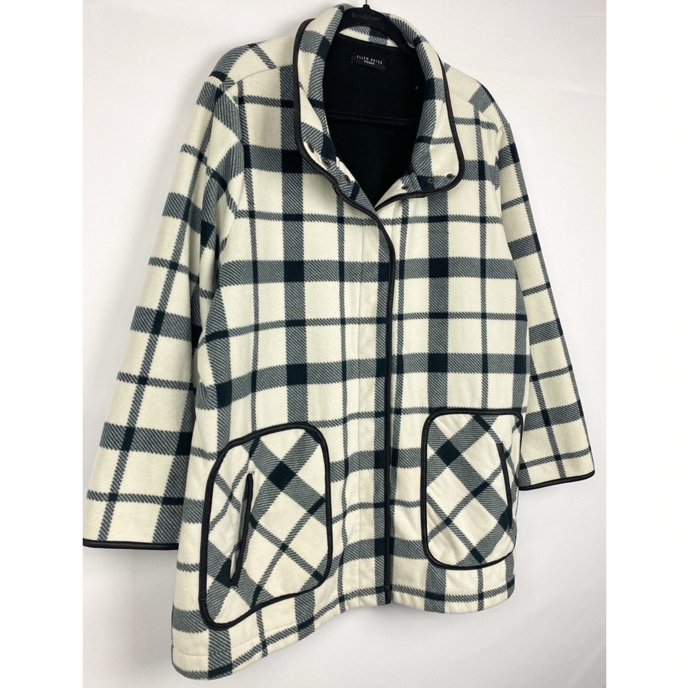 Ellen‎ Reyes Womens Coat 1X White Black Plaid Fleece Blanket Jacket Farm Chore